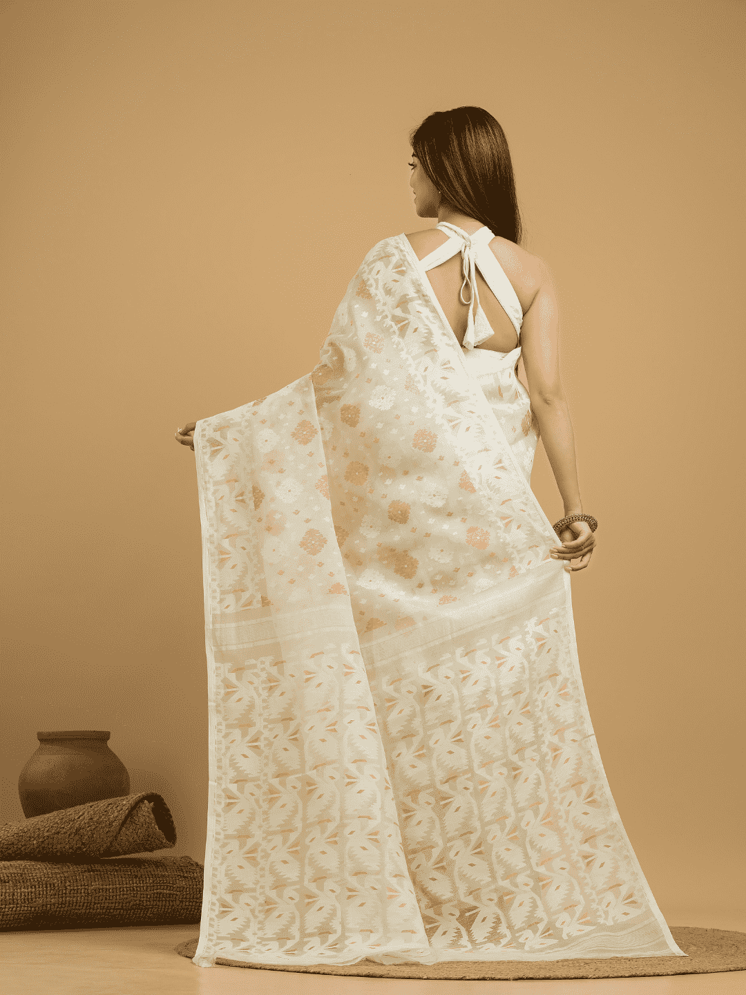 Lace White Cotton Silk Jamdani Saree - 031 - indeloom