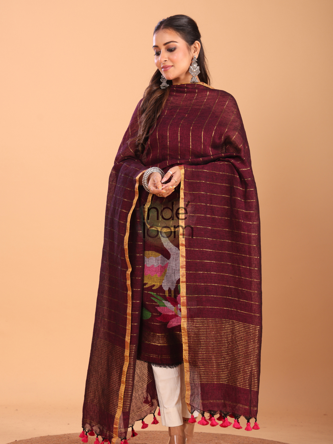 Wine Red Linen Jamdani 2-Piece Set Kurti & Dupatta (UNSTITCHED) - 075