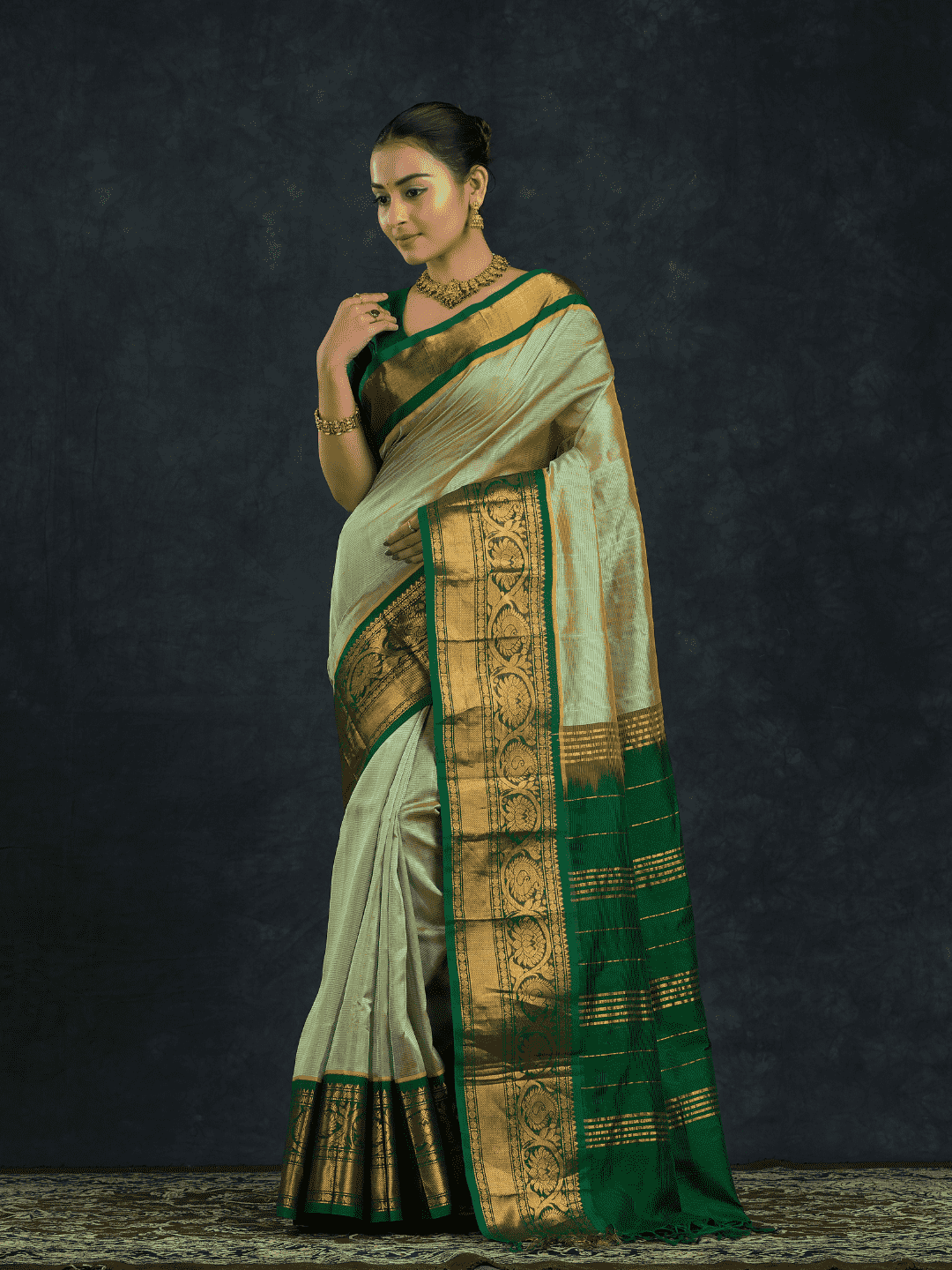 Pure handloom Korvai Silk Cotton Saree in Jade Green and Golden Border - 074