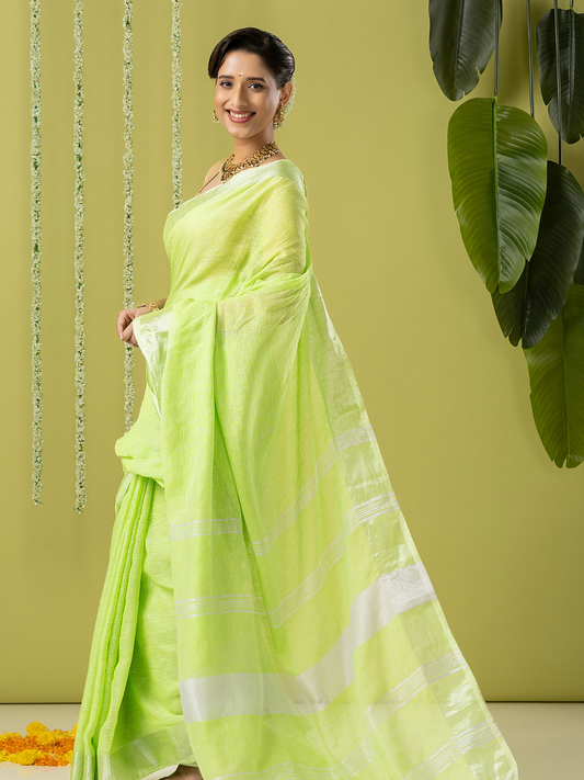 Pure Handloom Linen Saree | Lime Green