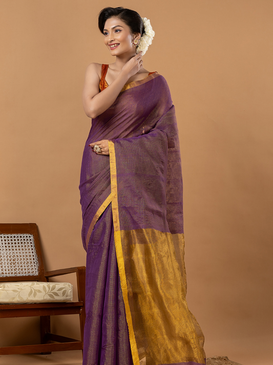 Pure Handloom Silk Tissue Linen Saree | Mauve Purple