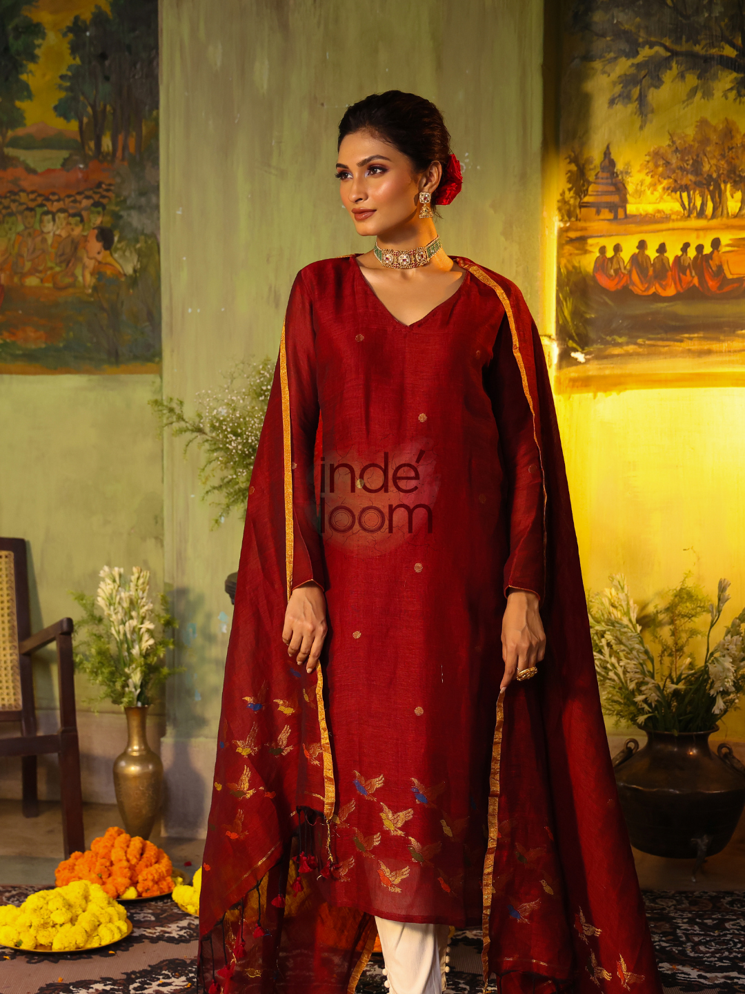Wine Red Cotton Linen 2-Piece Set Kurti & Dupatta (UNSTITCHED) - 313