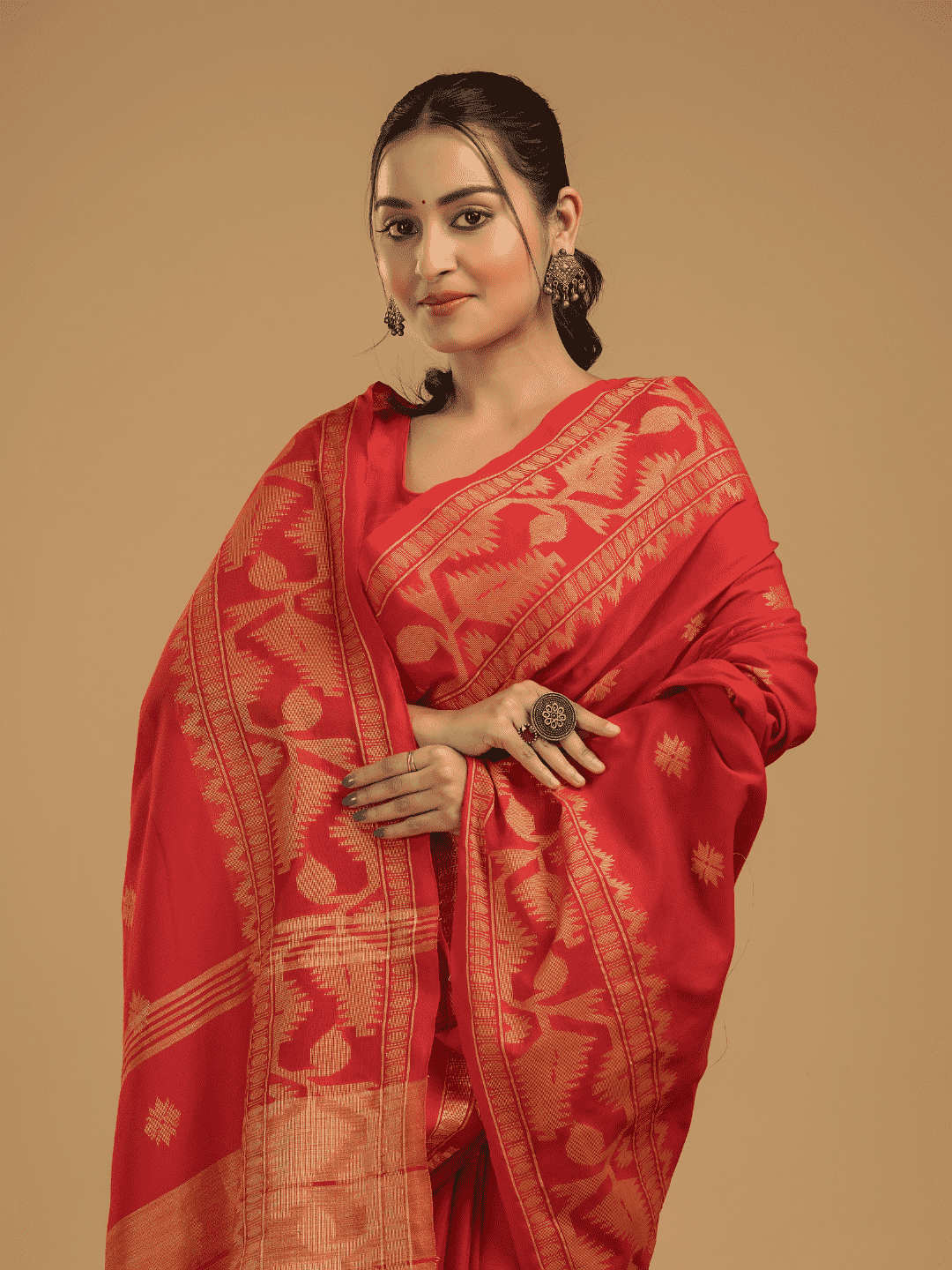Classic Red Cotton Silk Jamdani Saree - 011 - indeloom