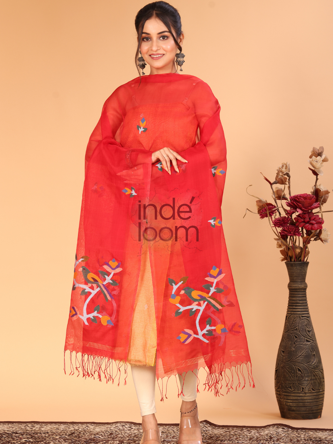 Pure Handloom Muslin Jamdani Dupatta With Apple Red - 016
