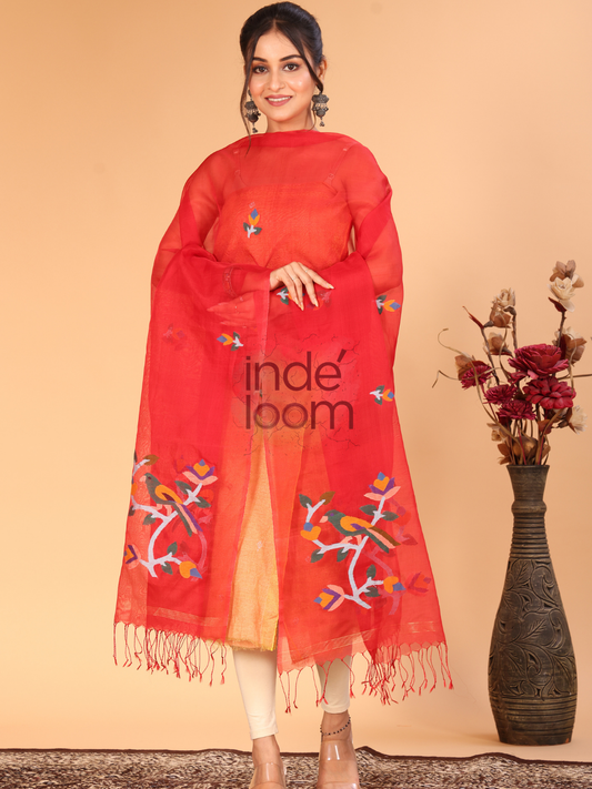 Pure Handloom Muslin Jamdani Dupatta With Apple Red - 016