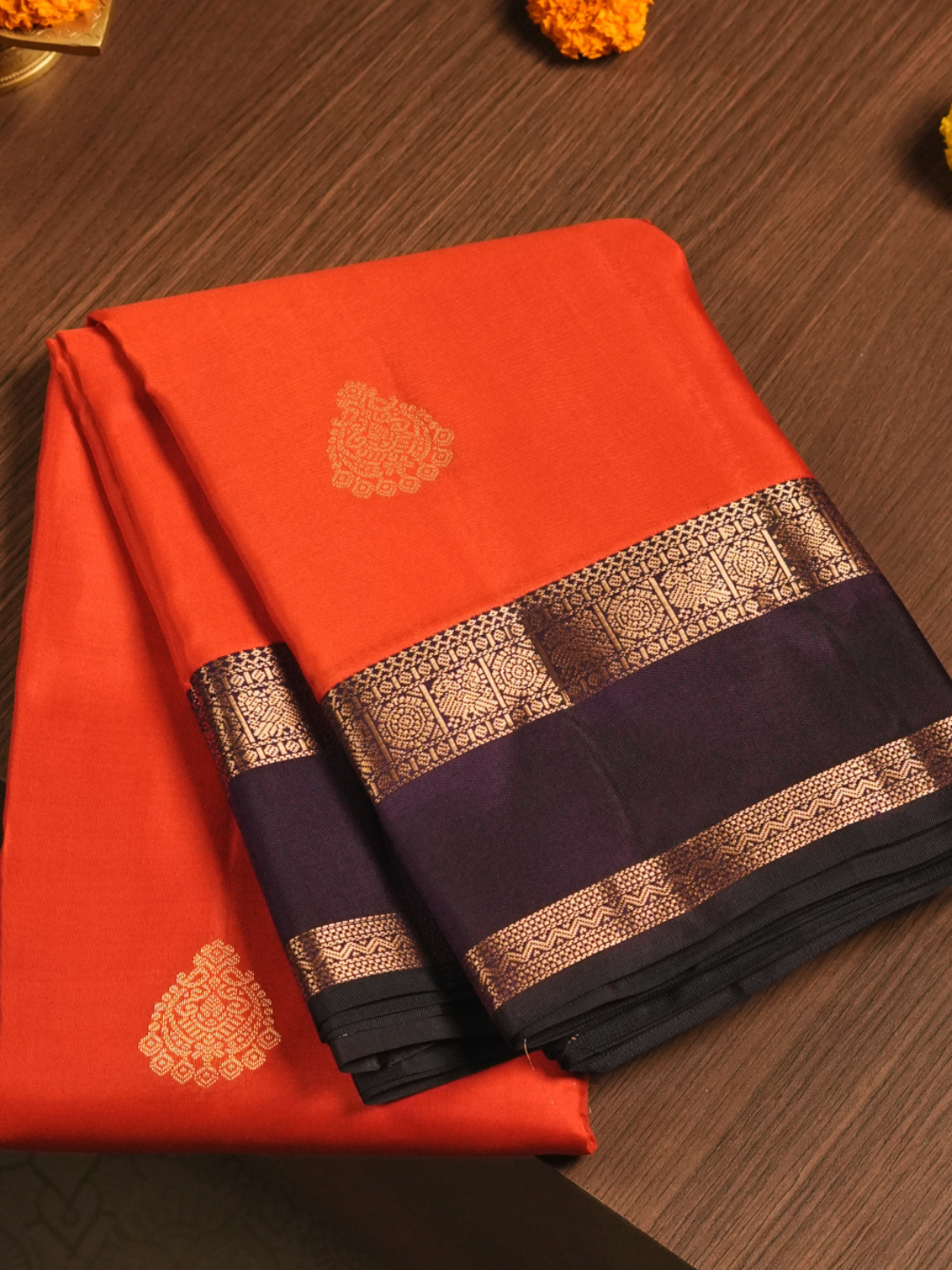 Silk Mark Certified Handloom Kanjivaram Silk Saree  |  Burnt Orange