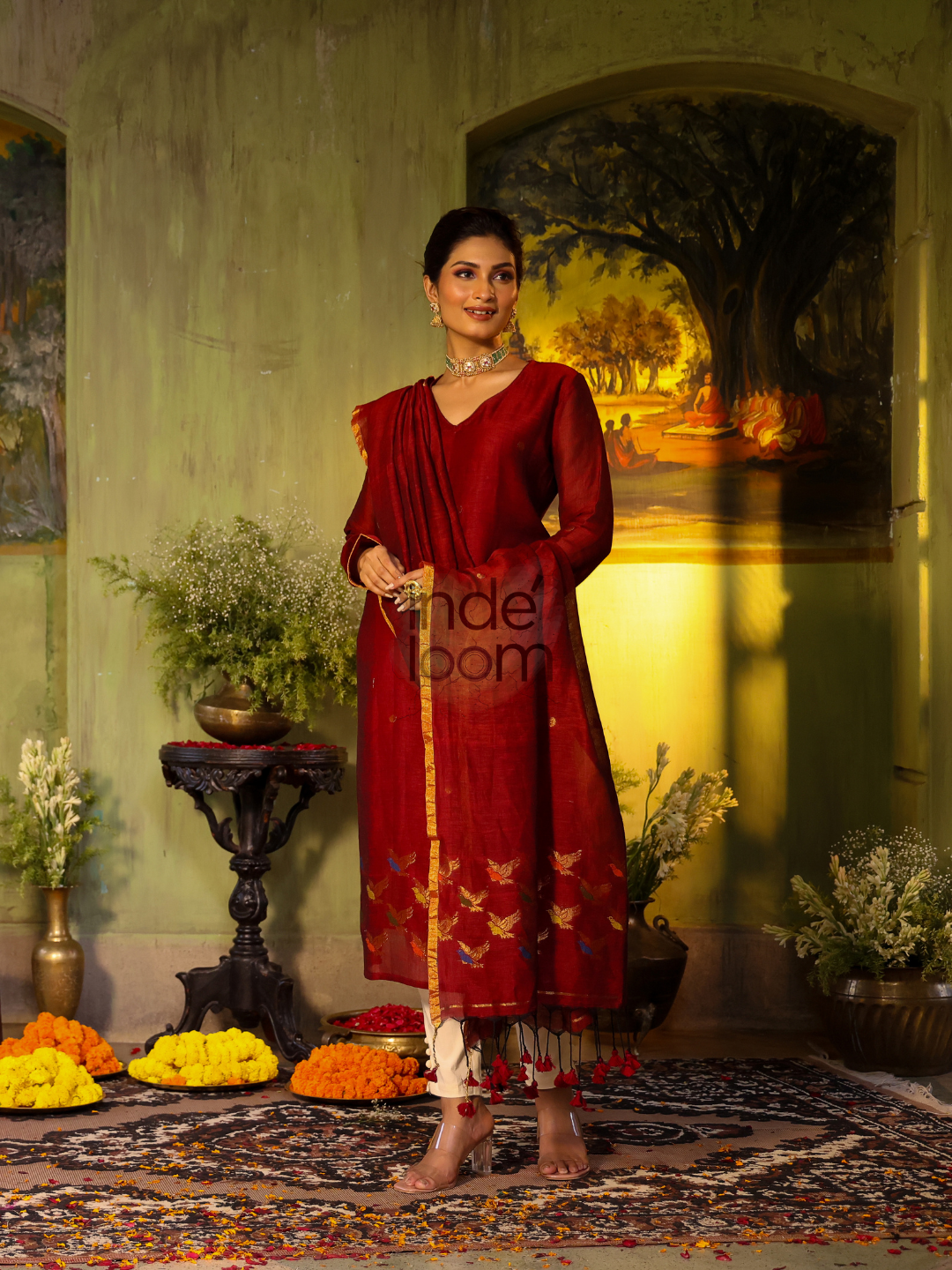 Wine Red Cotton Linen 2-Piece Set Kurti & Dupatta (UNSTITCHED) - 313