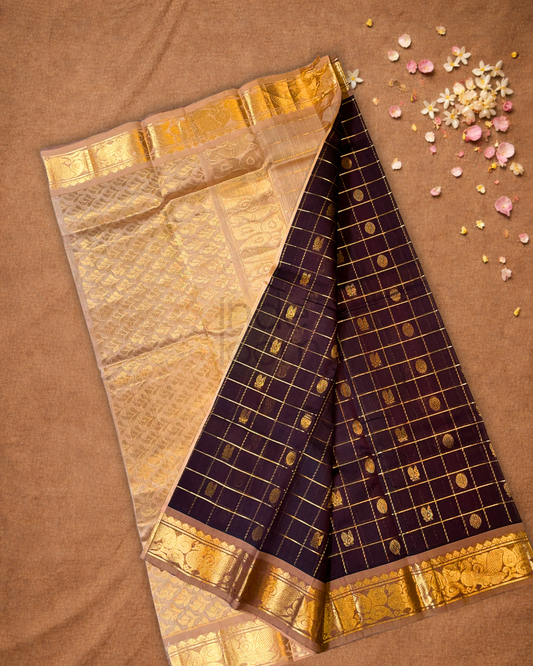 Pure Handloom Korvai Saree |Dark Brown