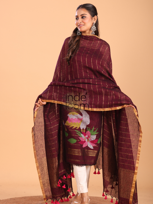Handwoven Jamdani Linen Unstitched 2-piece Kurti  |  Wine Red