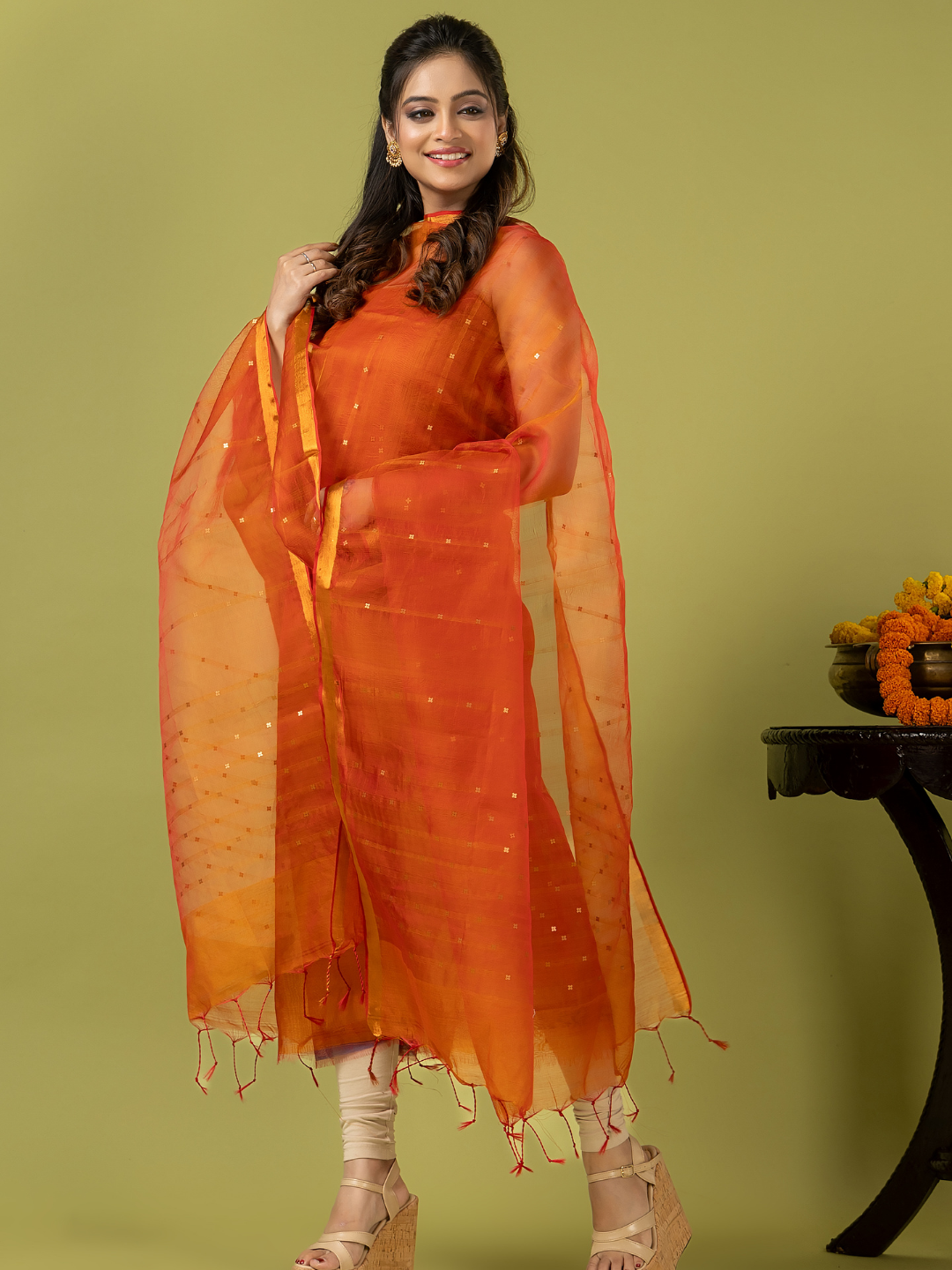 Handwoven Jamdani Muslin Unstitched 2-piece Kurti | Burnt Orange
