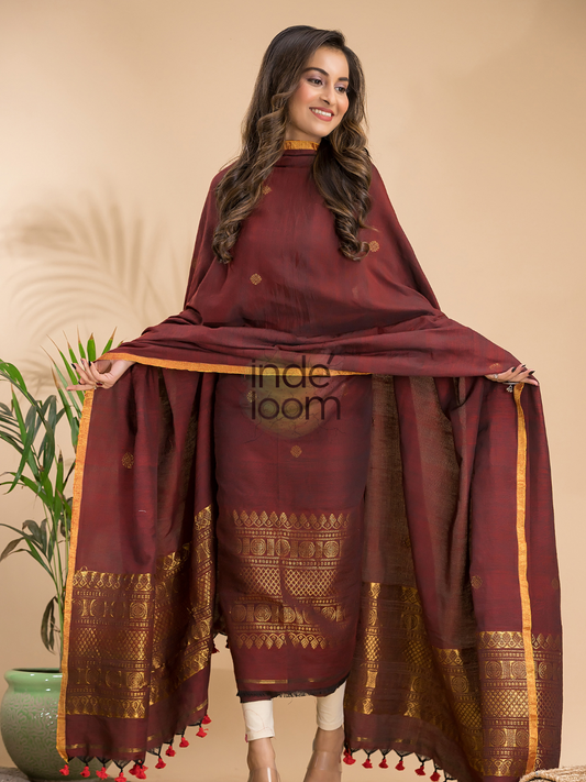 Handwoven Jamdani Linen Unstitched 2-piece Kurti  |  Wine Red