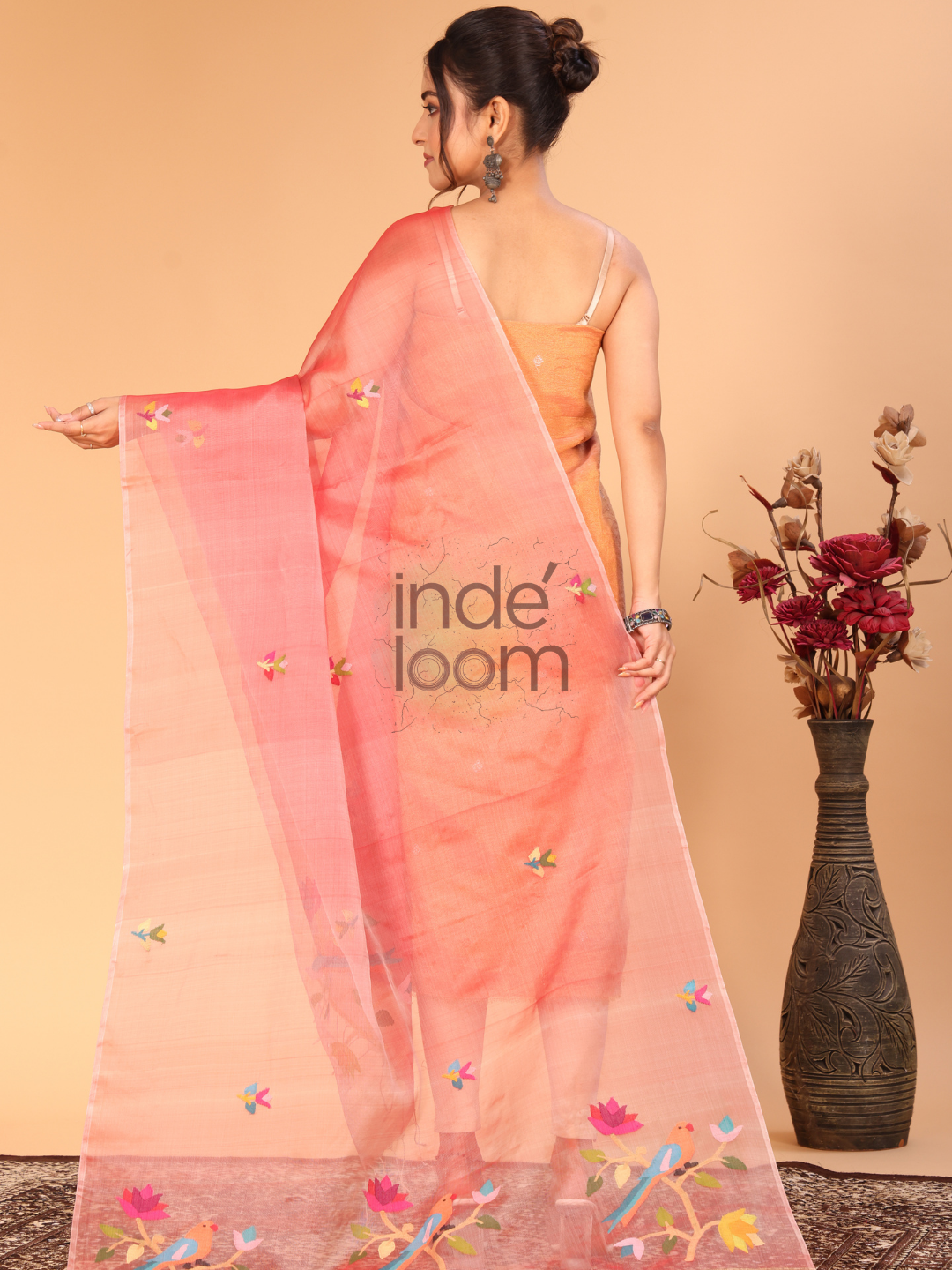 Pure Handloom Muslin Jamdani Dupatta With Peach Pink - 017