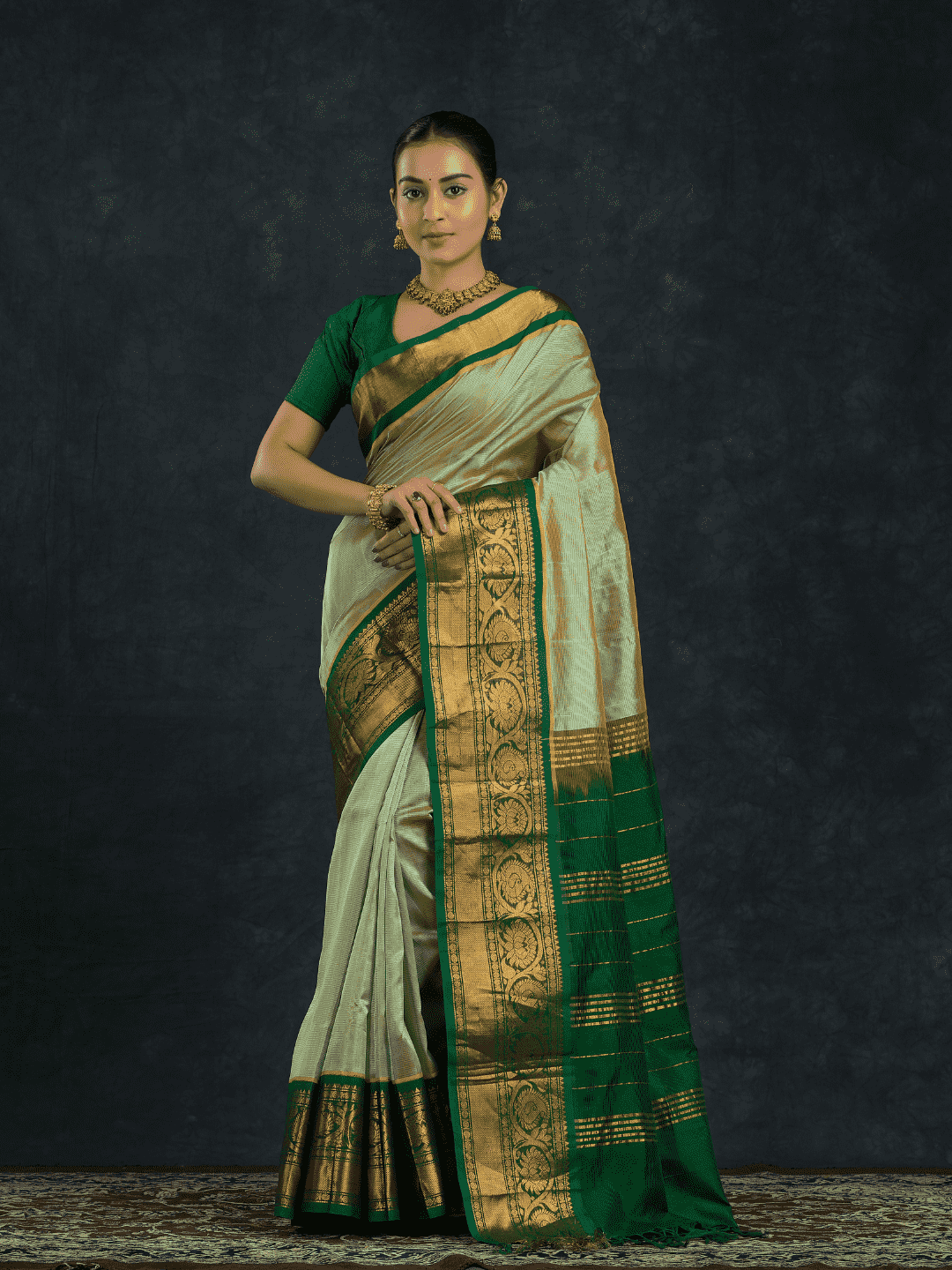 Pure handloom Korvai Silk Cotton Saree in Jade Green and Golden Border - 074