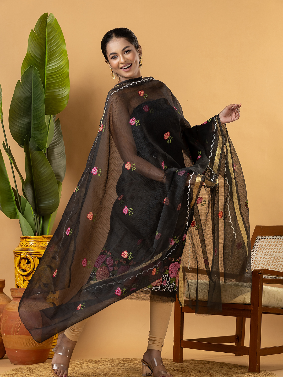 Classic Kota Doria Cotton Unstitched 2-Piece Kurti | Black
