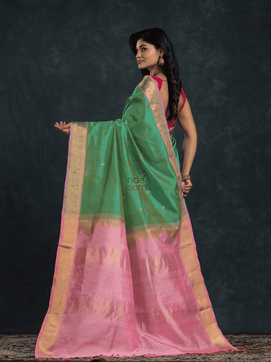 Pure Handloom Korvai Saree in Mint Green & small buttas - 129