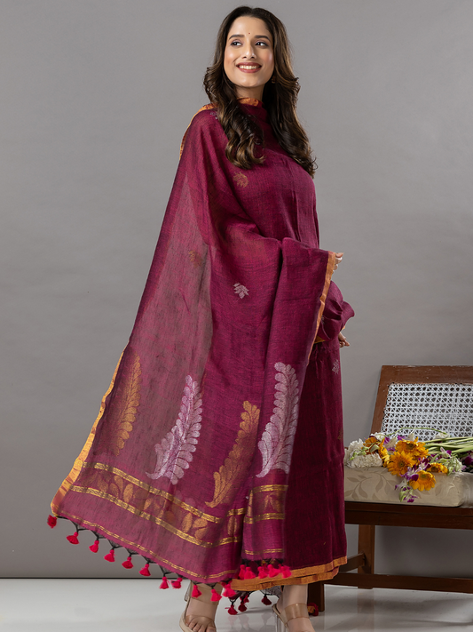 Handwoven Jamdani Linen Unstitched 2-Piece Kurti | Berry Magenta
