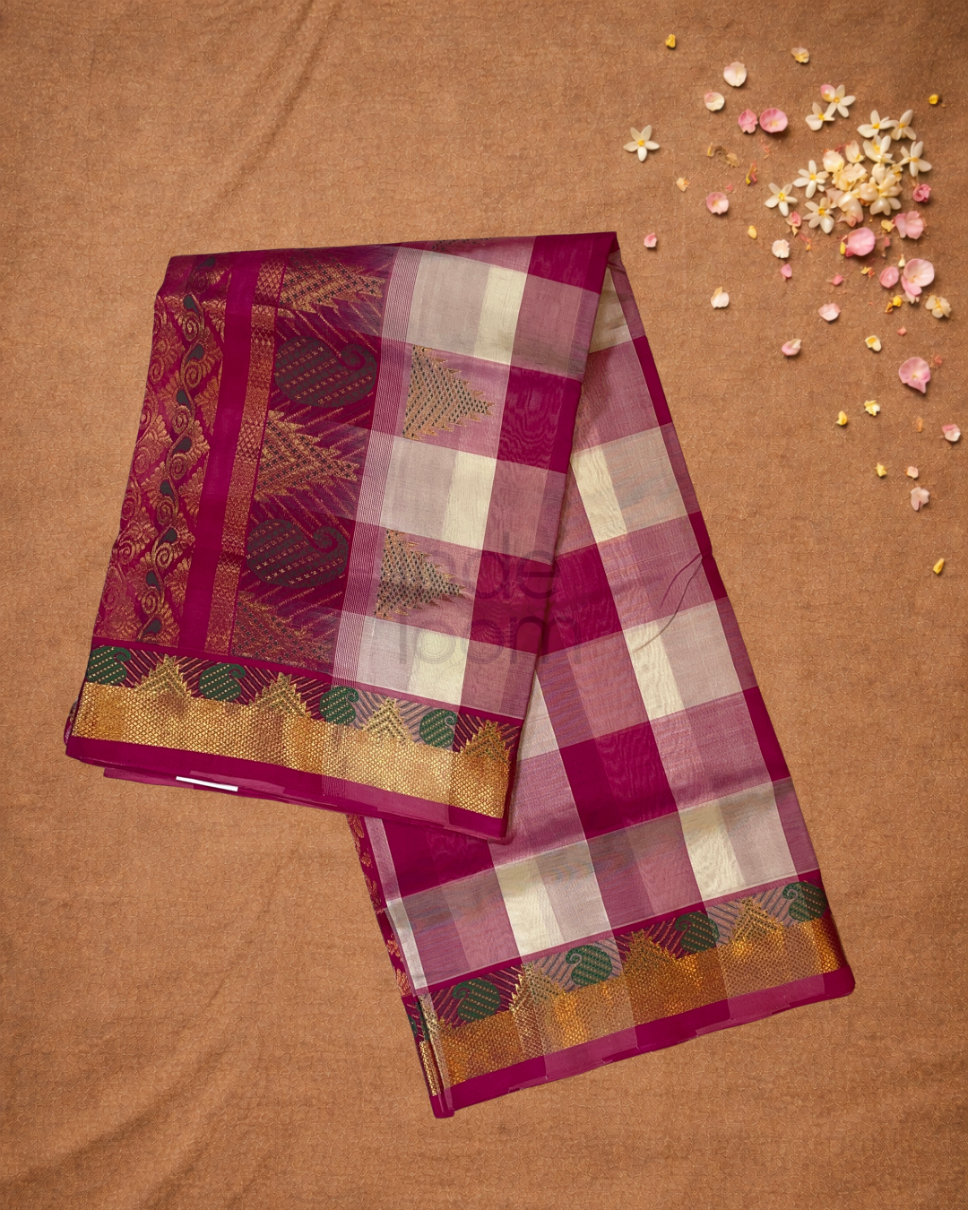 Pure Handloom Korvai Saree | Madras Checks Deep Pink