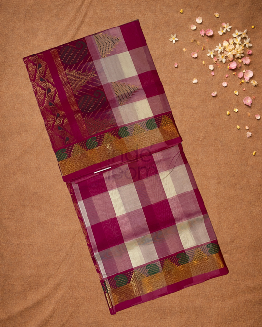 Pure Handloom Korvai Saree | Madras Checks Deep Pink