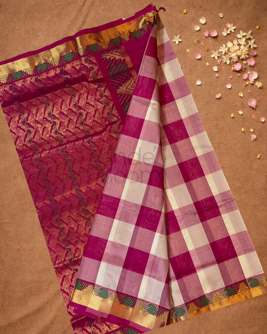 Pure Handloom Korvai Saree | Madras Checks Deep Pink