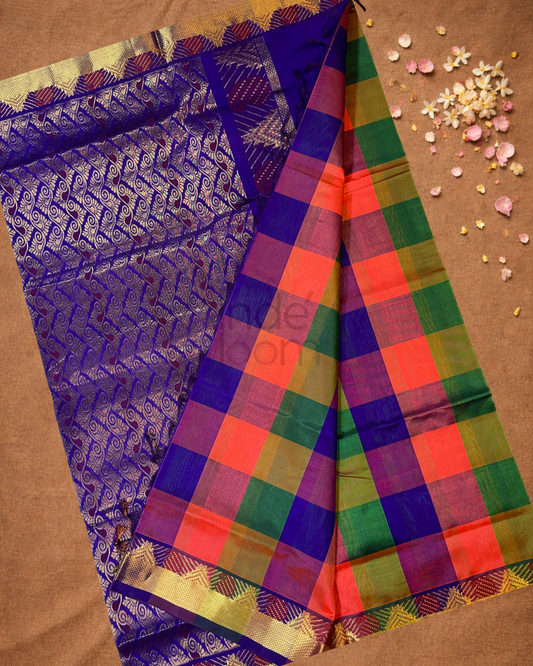 Pure Handloom Korvai Saree | Madras Checks Berry Purple