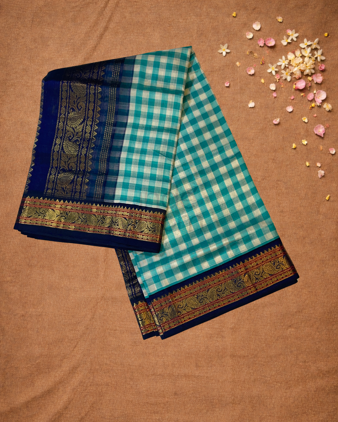 Pure Handloom Korvai Saree | Small Checks Light Blue