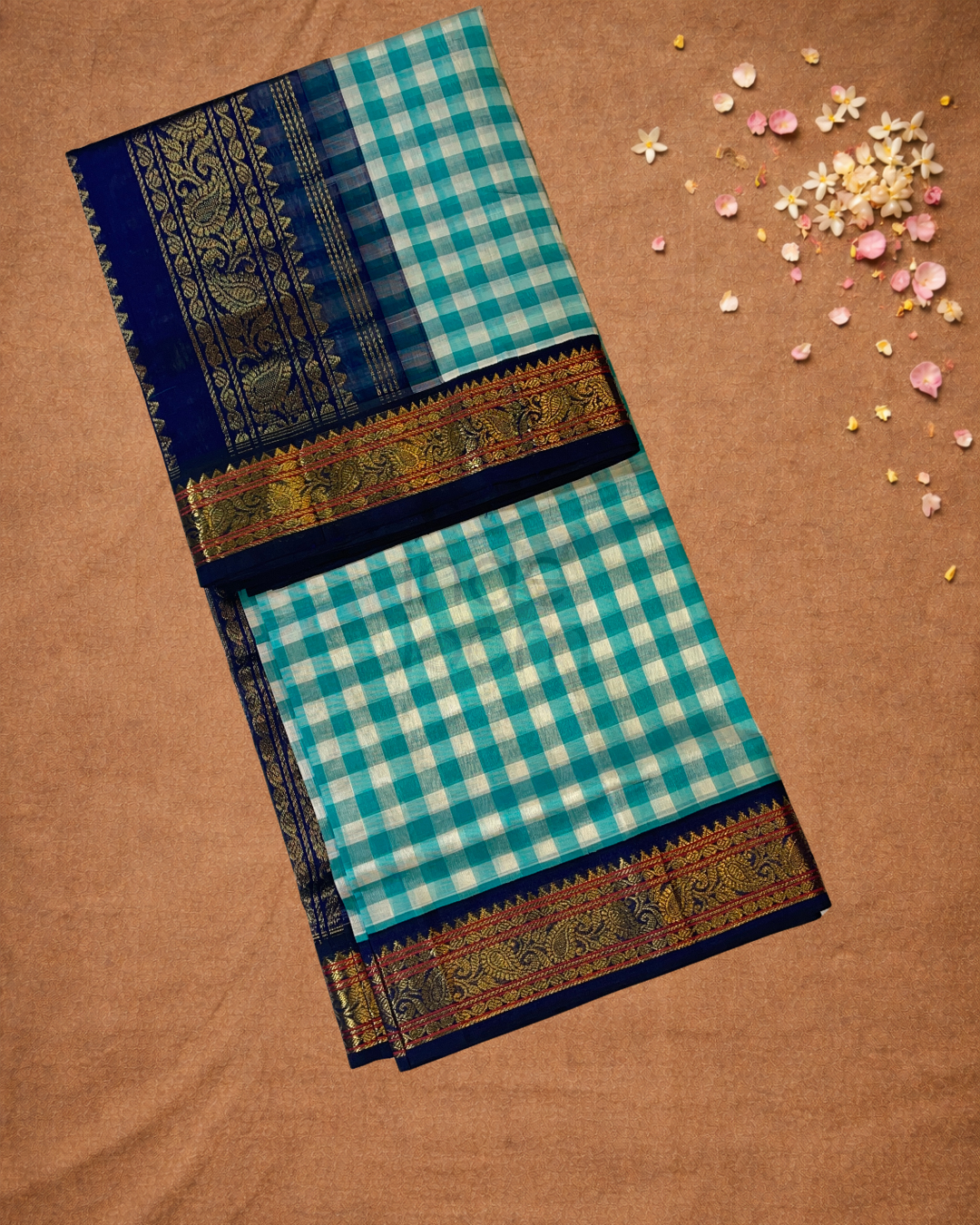 Pure Handloom Korvai Saree | Small Checks Light Blue