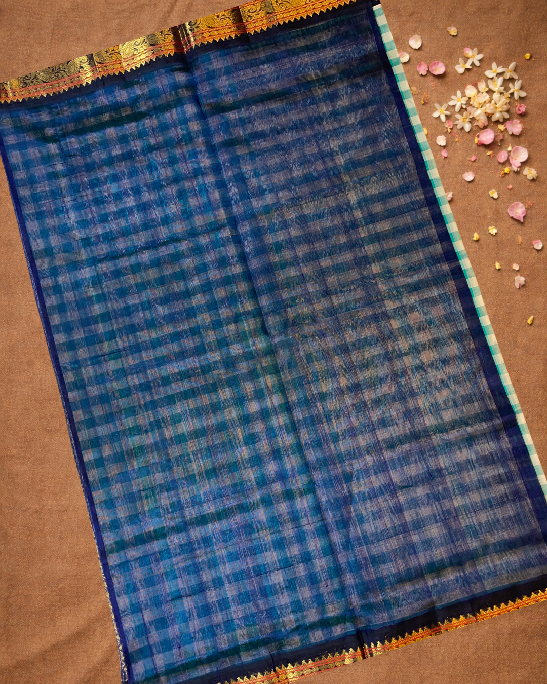 Pure Handloom Korvai Saree | Small Checks Light Blue