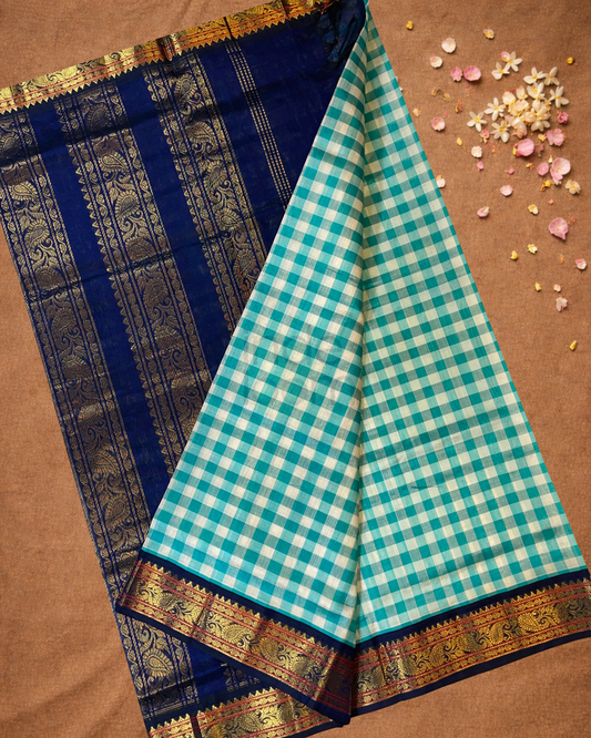 Pure Handloom Korvai Saree | Small Checks Light Blue