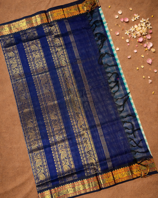 Pure Handloom Korvai Saree | Small Checks Light Blue