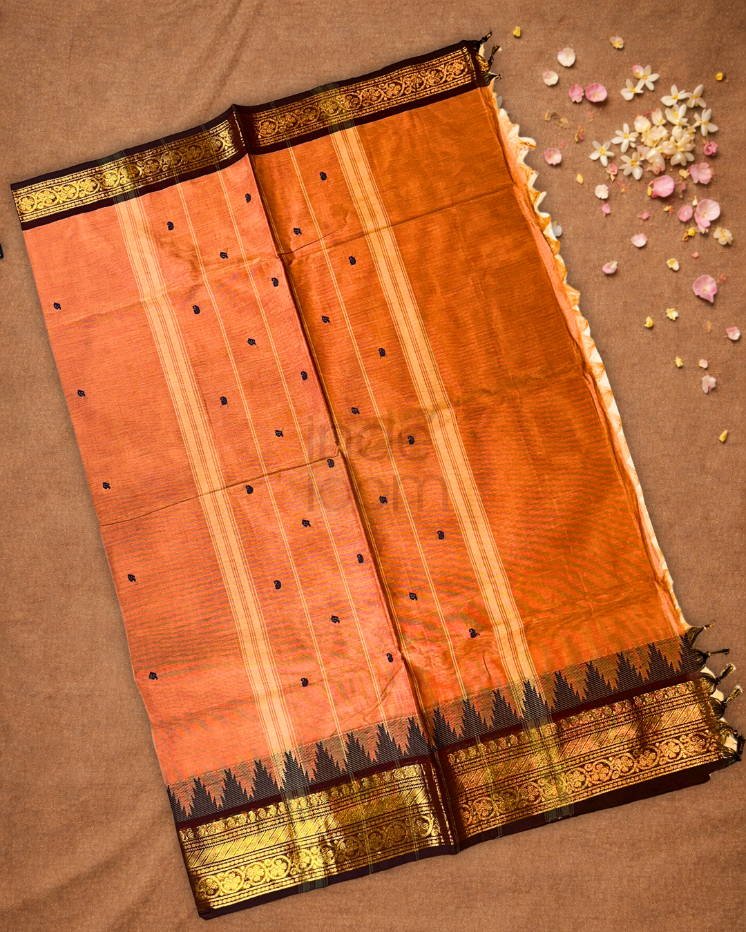 Chettinad Cottton Saree With Fire Orange