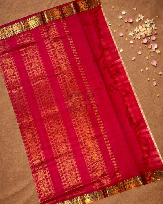 Pure Handloom Korvai Saree | Small Checks Chilli red