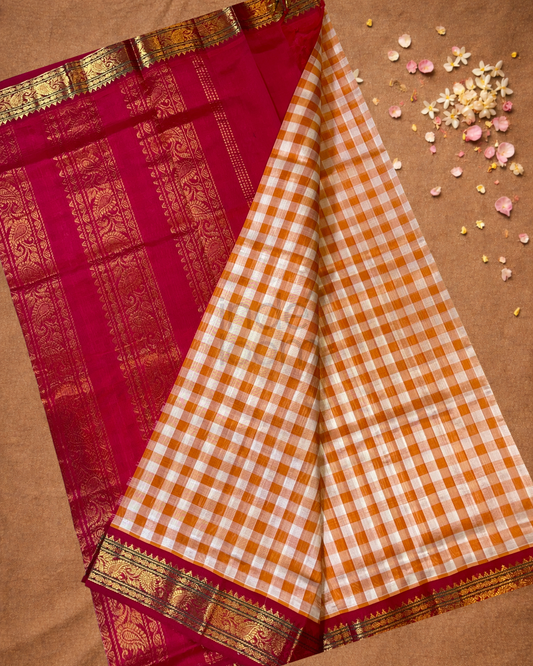 Pure Handloom Korvai Saree | Small Checks Chilli red