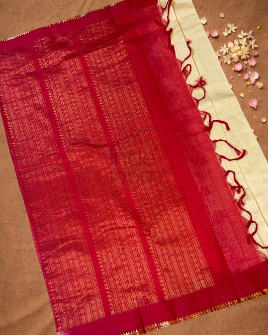 Pure Handloom Korvai Saree | Off-White with Maroon antique gold border
