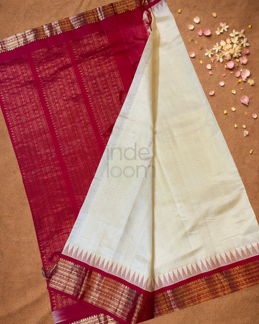 Pure Handloom Korvai Saree | Off-White with Maroon antique gold border