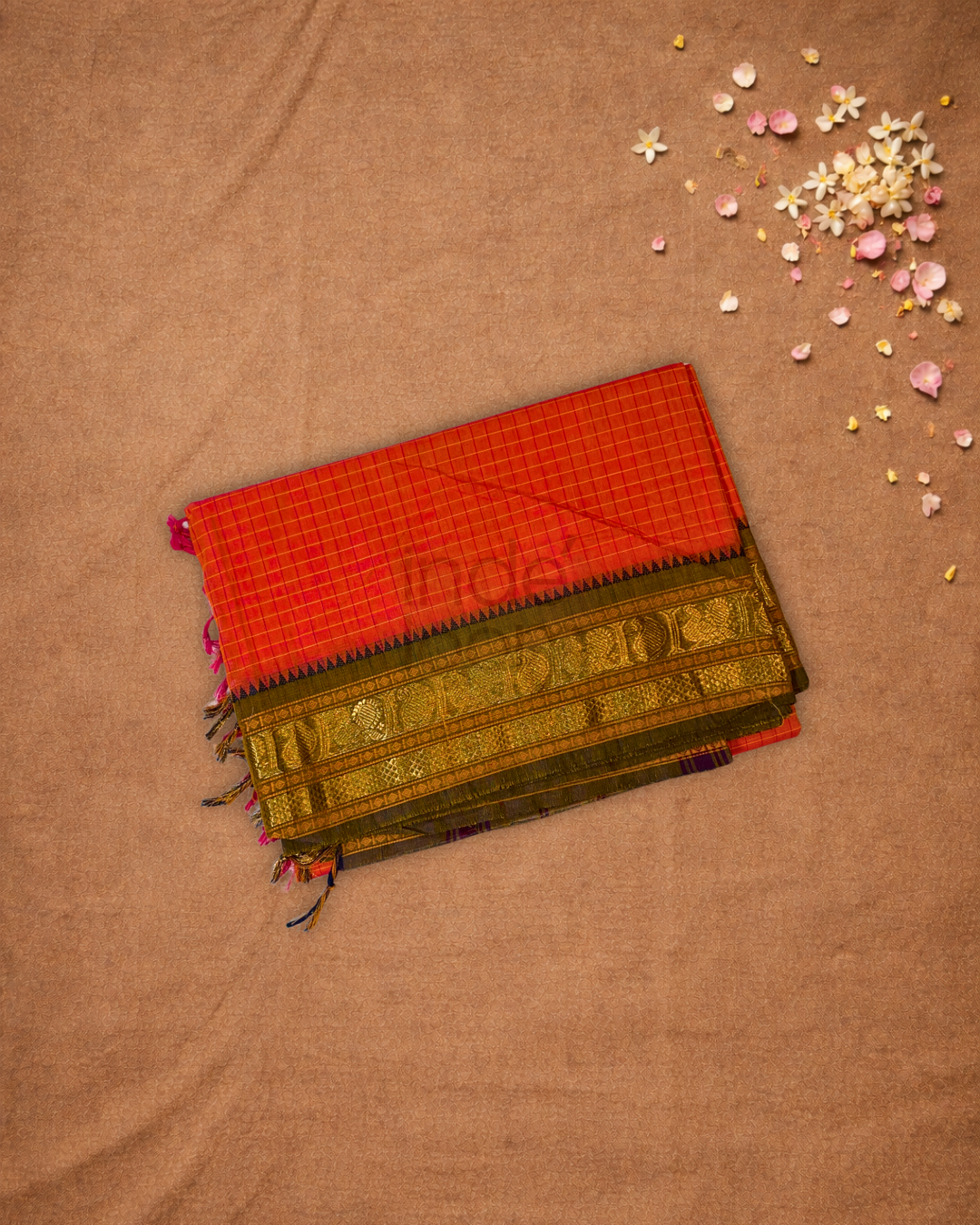 Chettinad Cottton Saree With Neon Orange