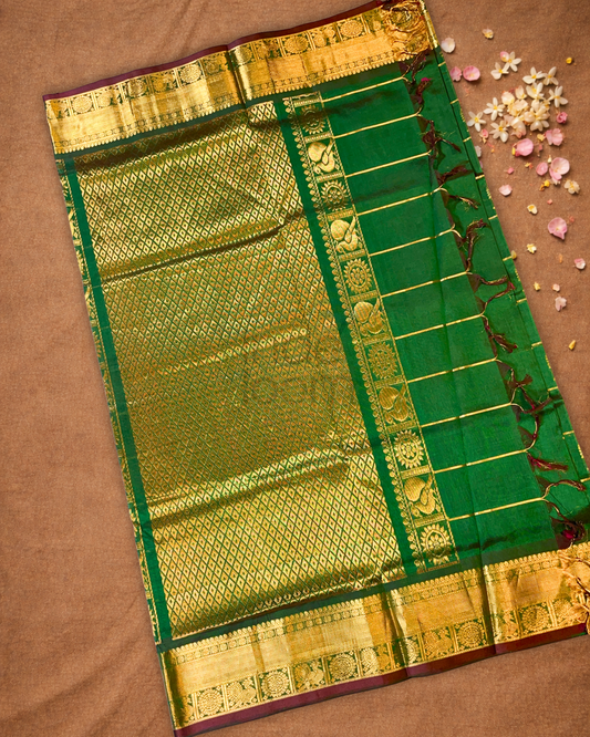 Handloom Korvai Silk Cotton Saree  |  Lime Green