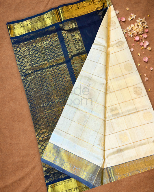 Handloom Korvai Silk Cotton Saree  |  Warm Ivory