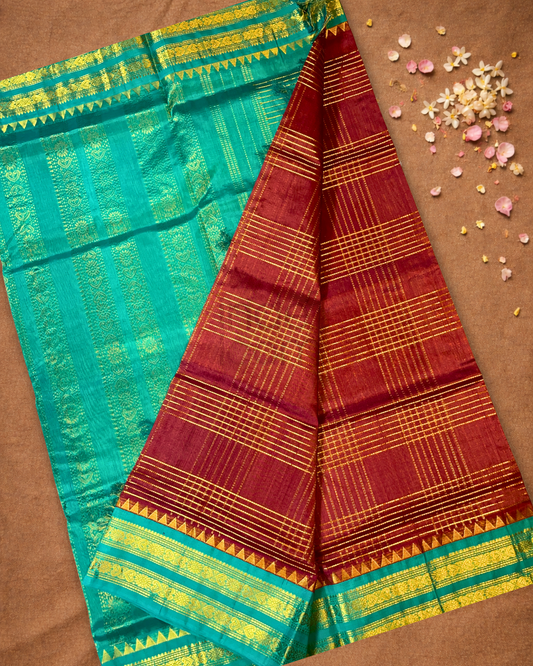 Handloom Korvai Silk Cotton Saree  |  Brick Red