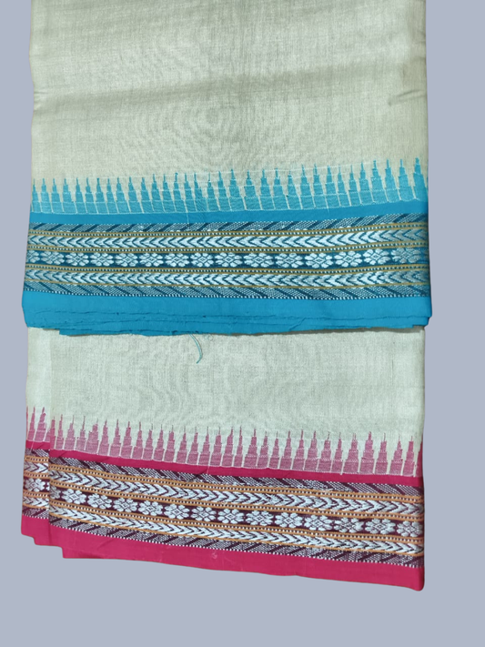 Baby Blue & Red Handloom Vidarbha Tussar Silk Saree with Multicolor Contrast Border -003