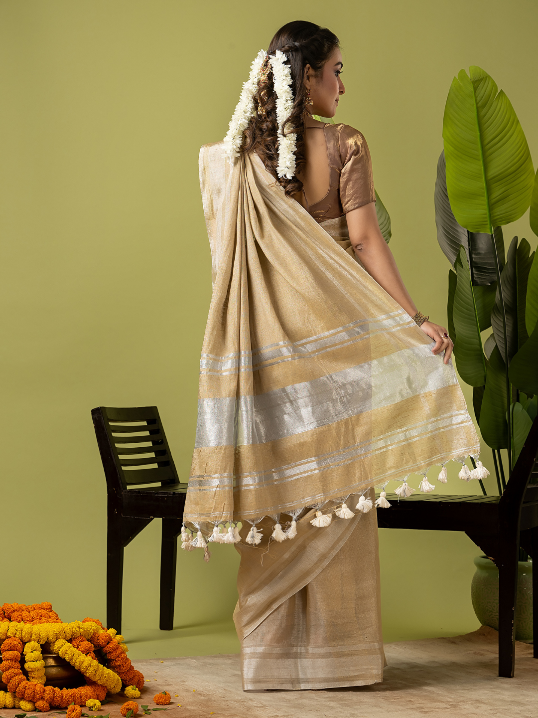 Pure Handloom Linen Saree | Khaki Golden Green  and Green | Half and Half style with Contrast Border