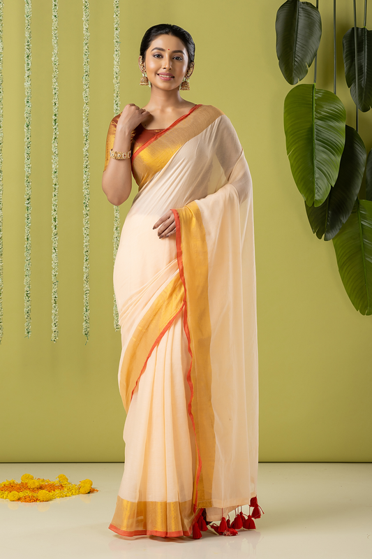 Pure Handloom Cotton Saree | White and Gold | Plain Body with Ribbon border