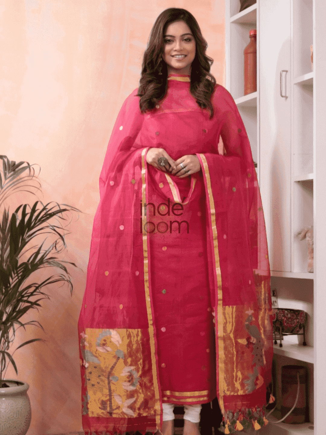 Punch Pink Paithani Muslin Jamdani 2-Piece Set Kurti & Dupatta (UNSTITCHED) -549