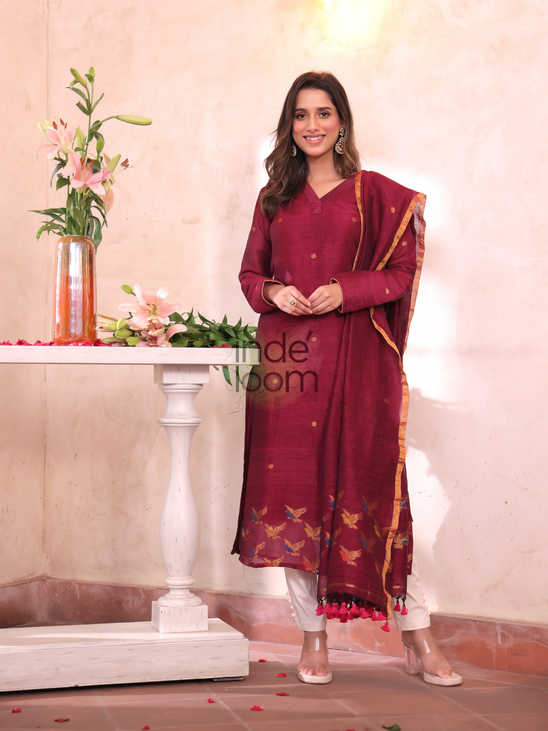 Ruby Red Cotton Linen 2-Piece Set Kurti & Dupatta (UNSTITCHED) - 302