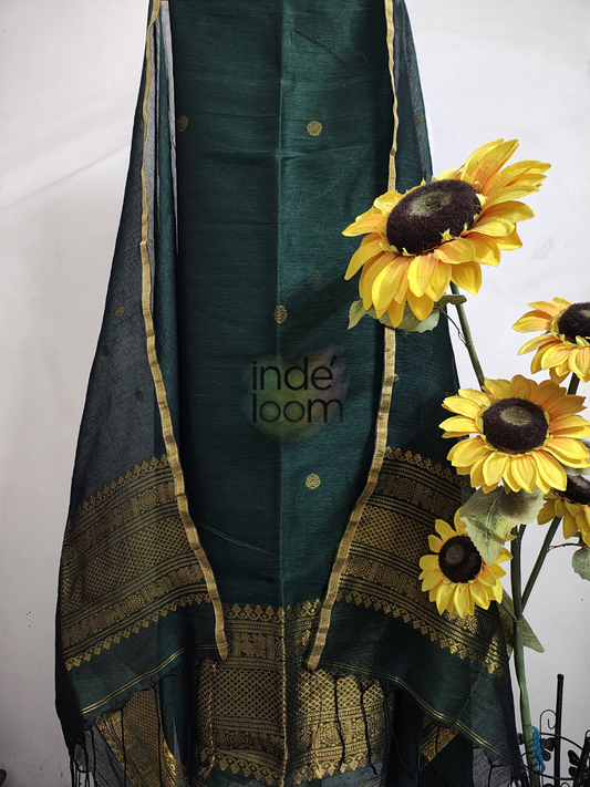 Handwoven Jamdani Linen Unstitched 2-piece Kurti  |  Bottle Green