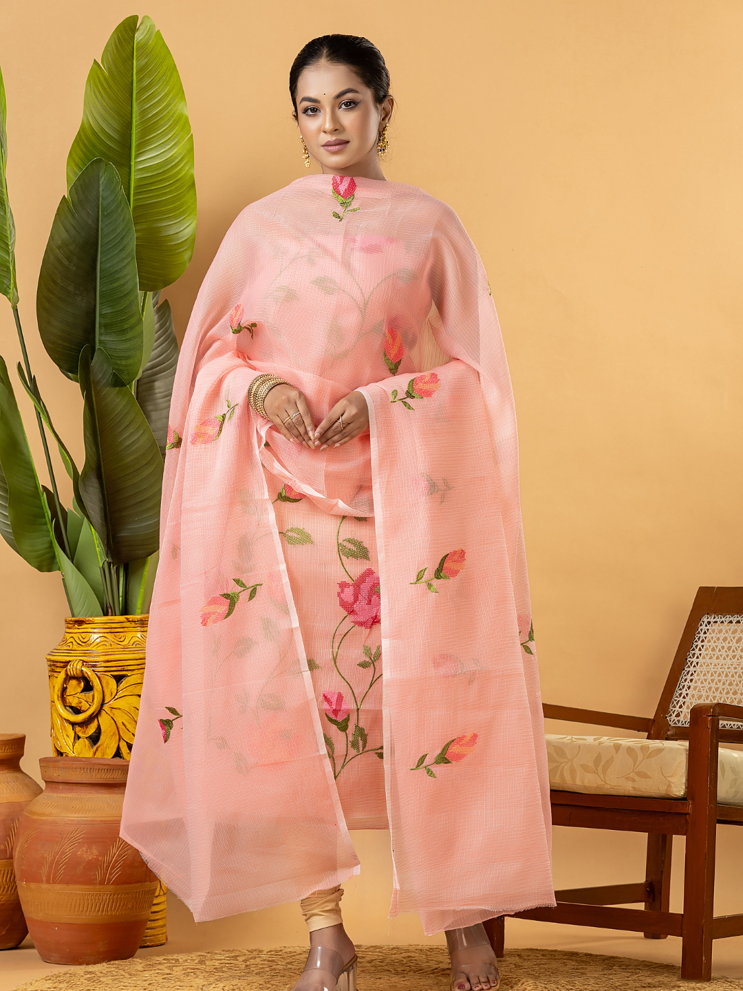 Classic Kota Doria Cotton Unstitched 2-Piece Kurti | Peach