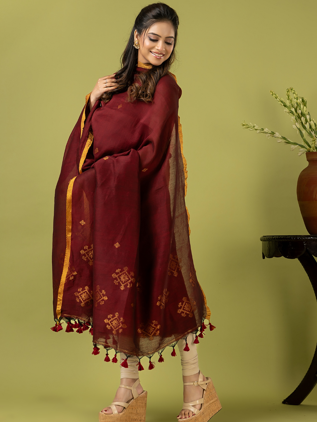 Handwoven Jamdani Linen Unstitched 2-piece Kurti | Deep Maroon