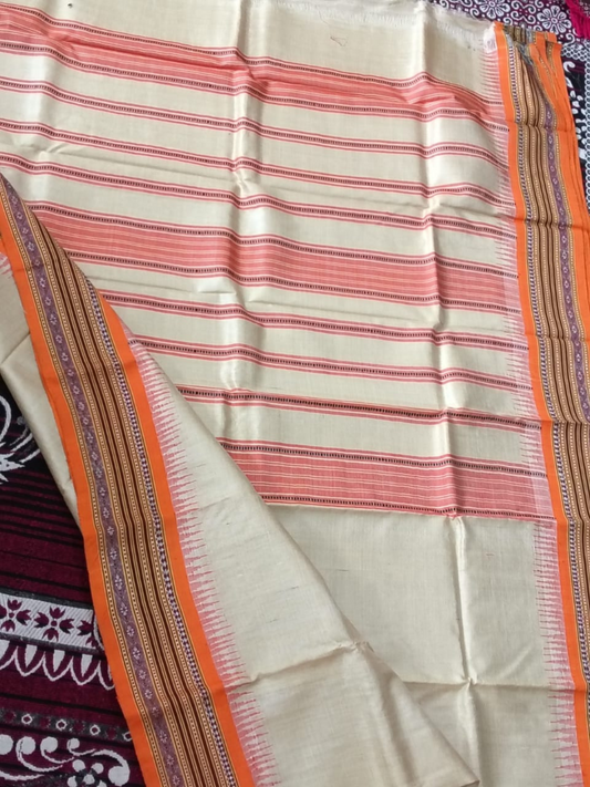 Papaya Orange Handloom Vidarbha Tussar Silk Saree with Multicolor Contrast Border -131