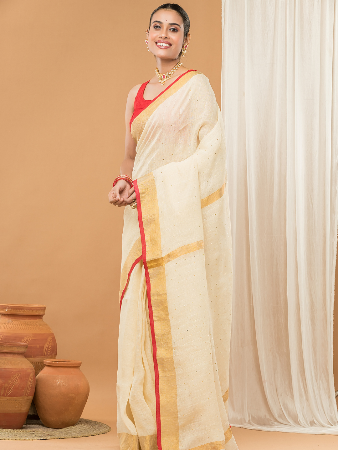 Linen Sequin Jamdani Saree With Cream White - 002