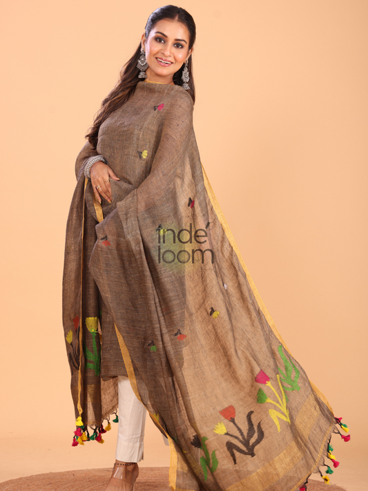 Coffee Brown Linen Jamdani 2-Piece Set Kurti & Dupatta (UNSTITCHED) - 052