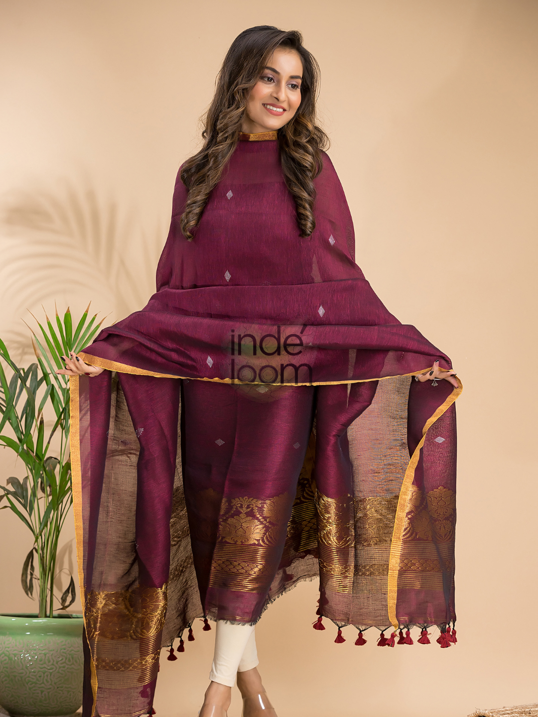 Maroon Cotton Linen 2-Piece Set Kurti & Dupatta (UNSTITCHED) - 001